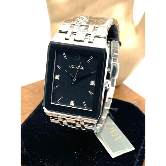 Bulova Men's Watch 96D145 Diamond Black Dial Silver Stainless Steel Quartz CHIP - Picture 1 of 14